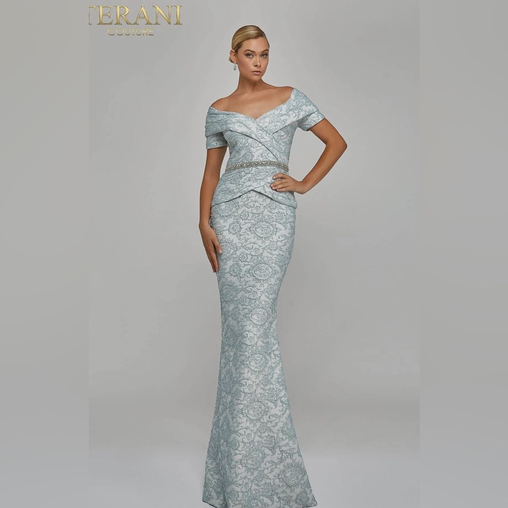 Pleated Off-shoulder Embroidered Peplum Dress from Terani